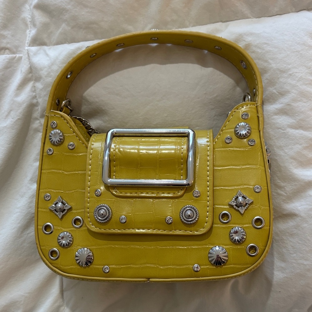 Urban Outfitters - Yellow Embellished Croc-Texture Shoulder Bag w/ Silver Chain